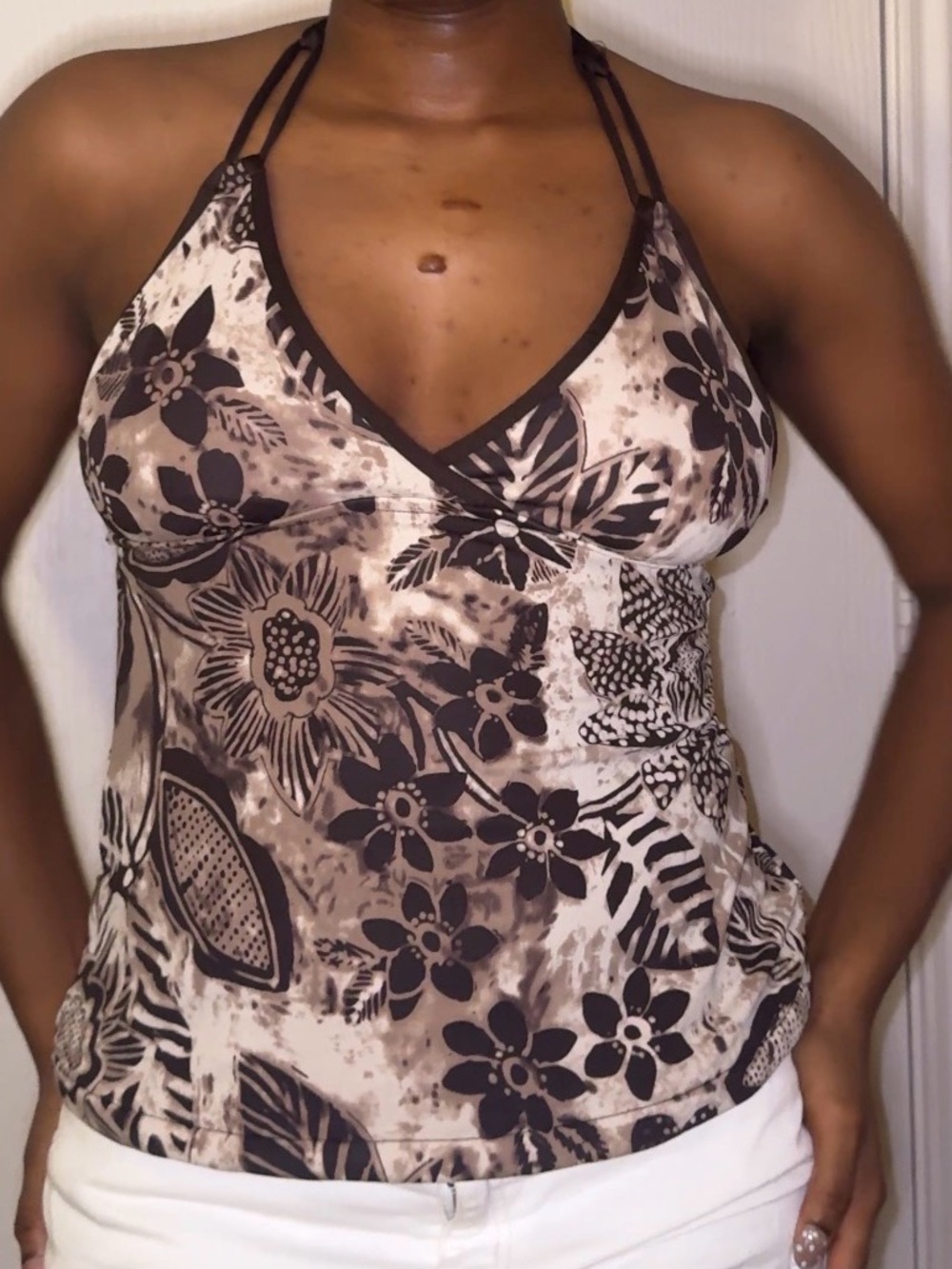 Floral Halter Tank Top in Brown and Cream